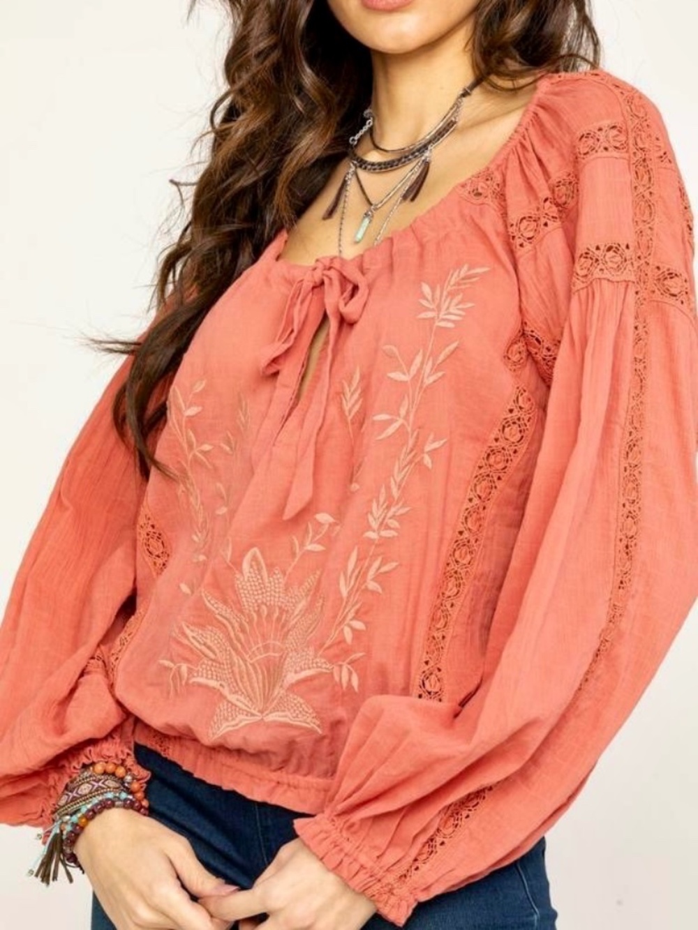 Free People Maria Maria Crochet Embroidered Blouse Athena Red Terracotta Sz M